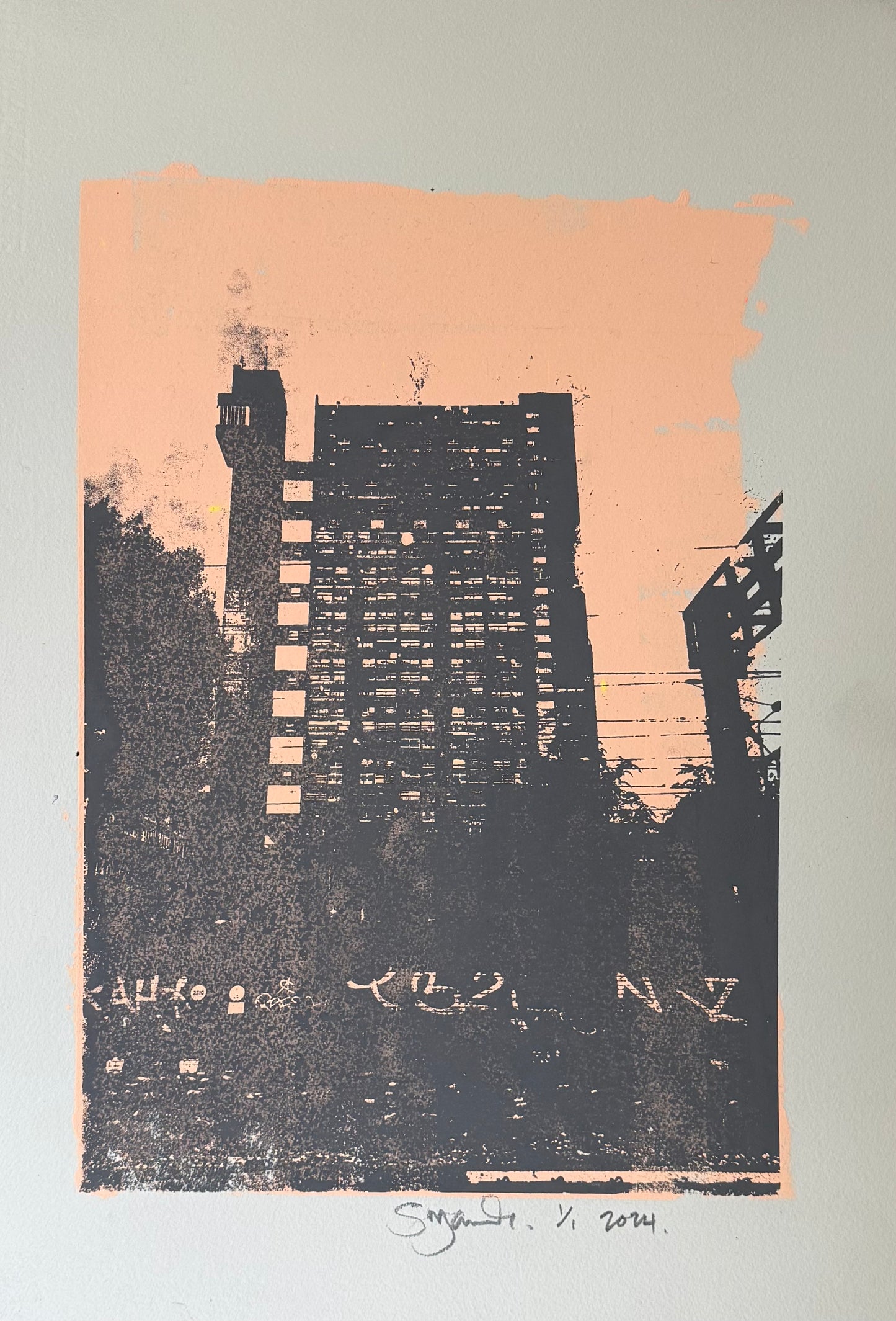 Trellick Tower Silk Screen Print grey no.1