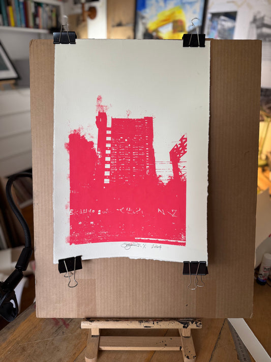 Trellick Tower Silk Screen Print pink