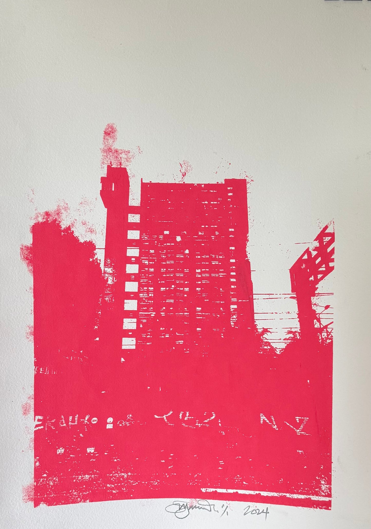 Trellick Tower Silk Screen Print pink