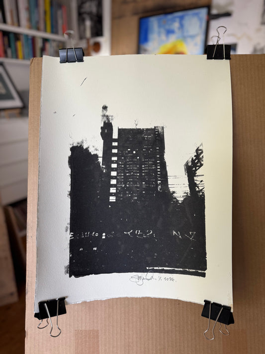 Trellick Tower Silk Screen Print. Black